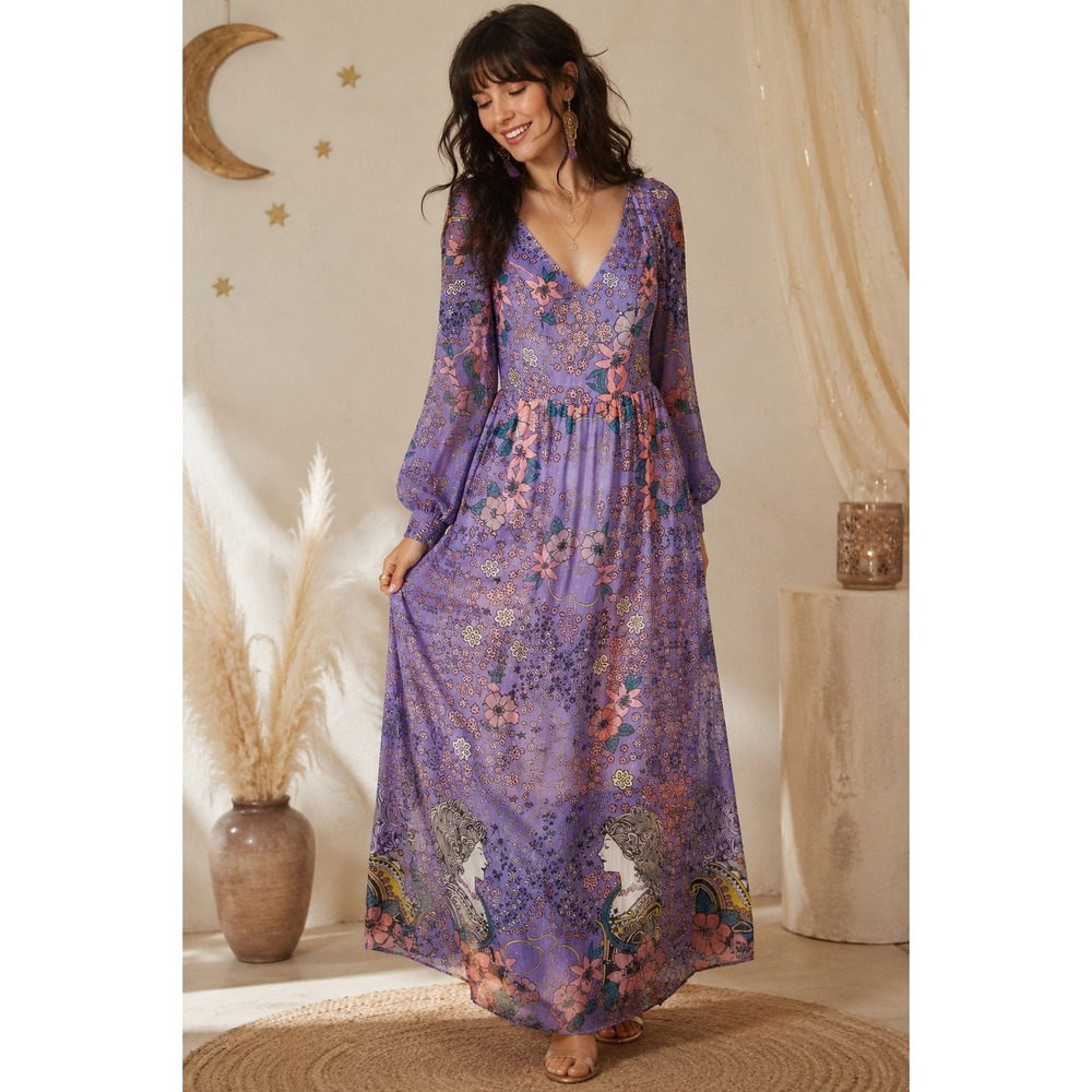 ModCloth Purple Floral Maxi Dress Metallic Ethereal Whimsical V-Neck Long Sleeve